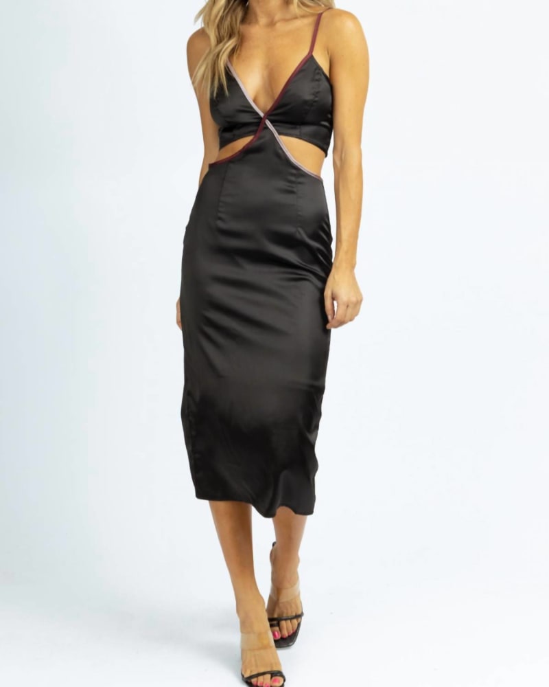 Front of a model wearing a size L Contrast Trim Satin Midi Dress In Black in Black by Blue Blush. | dia_product_style_image_id:346900